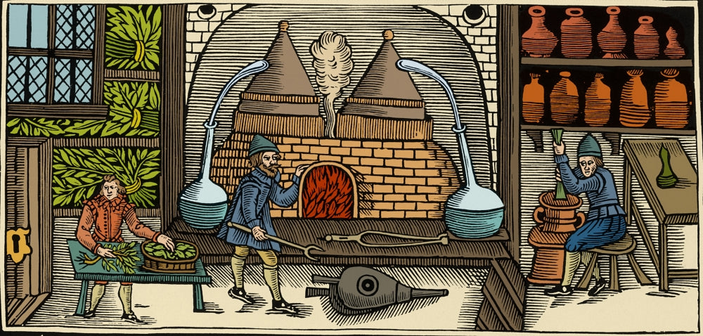 Distillation Poster Print showcasing Middle Ages scientific practices.