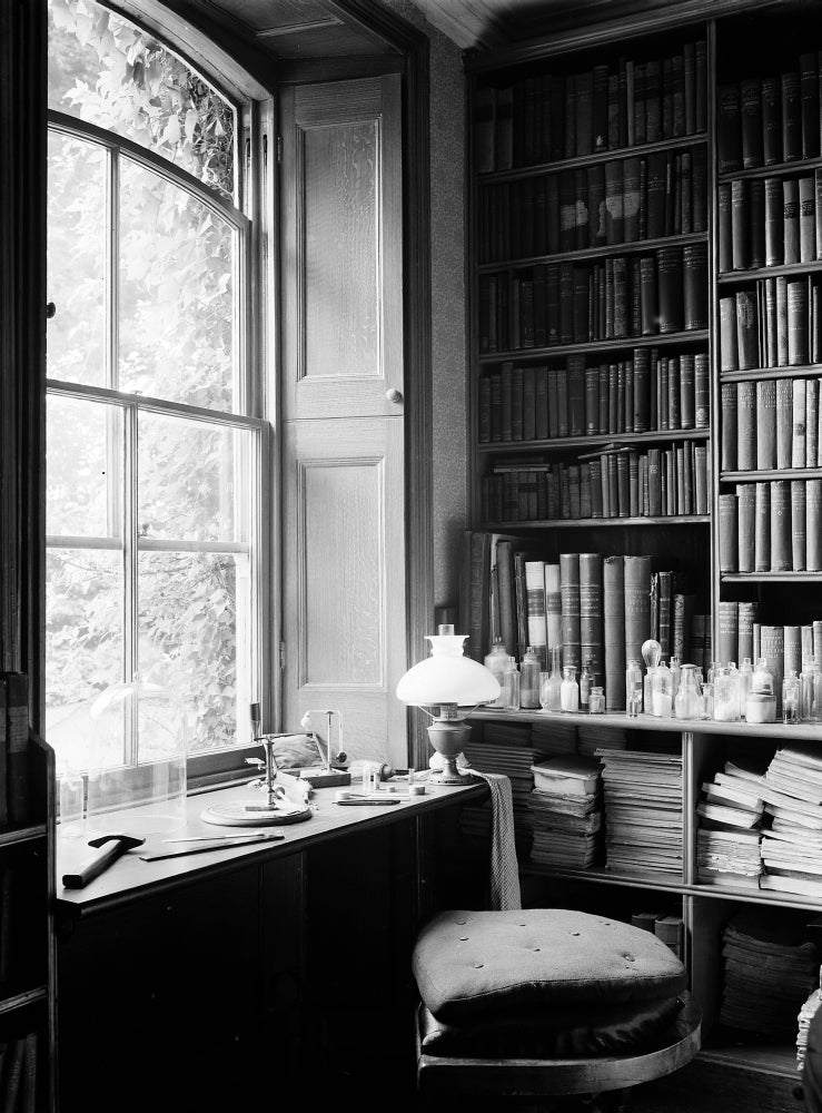 Darwin's Study and Microscope Poster Print showcasing Charles Darwin's workspace