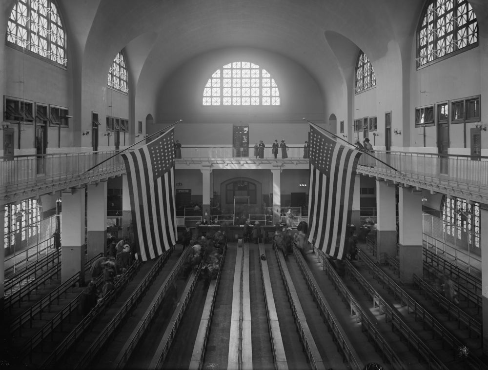 Ellis Island Great Hall Vintage Poster Print showcasing historical architecture.