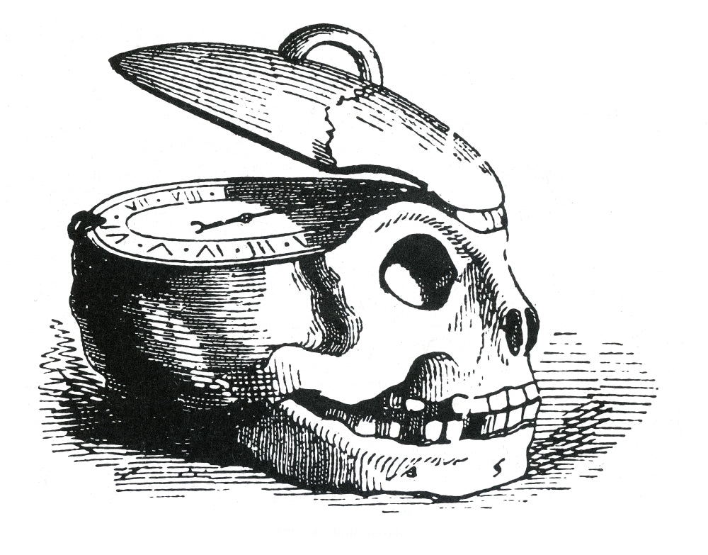 Memento Mori Skull Clock Poster Print featuring a skull and clock design.