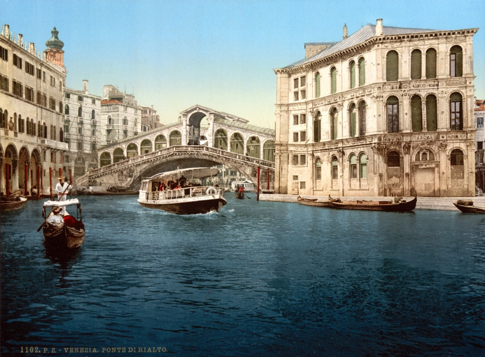 Rialto Bridge Grand Canal poster print from the 1890s, showcasing Venetian architecture