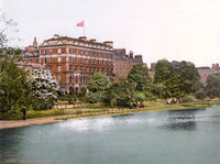 Vintage poster print of Shelbourne Hotel in Dublin, Ireland from the 1890s.