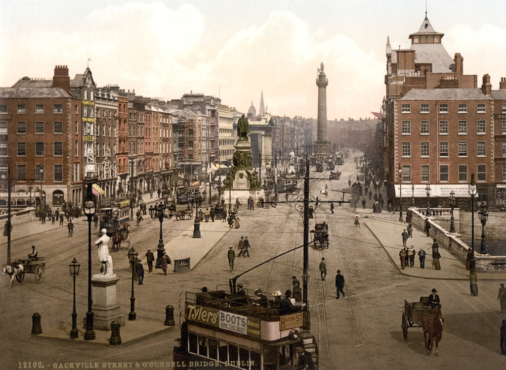 O'Connell Bridge and Street in Dublin, 1890s vintage poster print.