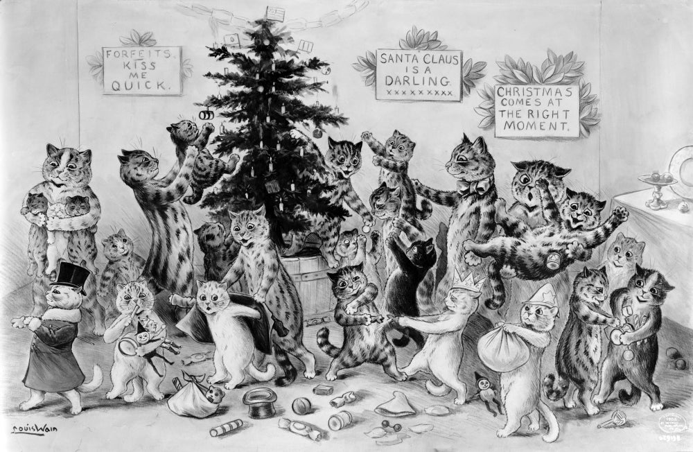 Cats Decorating Christmas Tree Poster Print from 1906 featuring playful cats adorning a Christmas tree.
