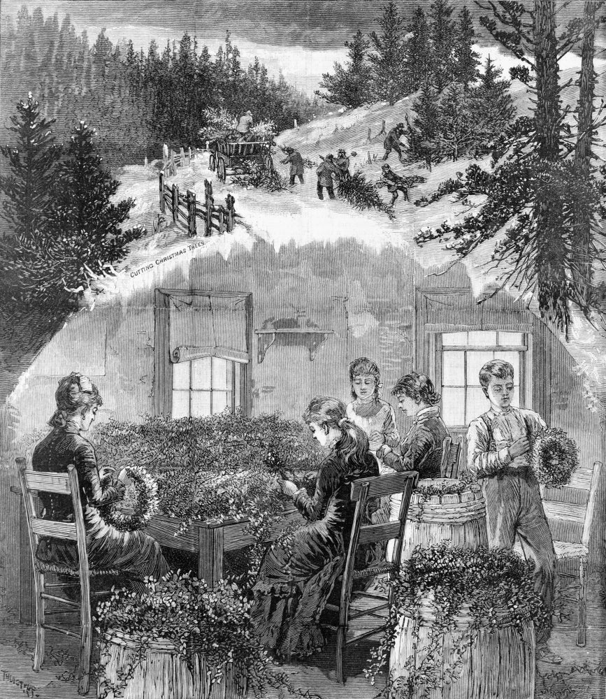 Making Christmas Wreaths 1880 Poster Print showcasing holiday wreath-making.