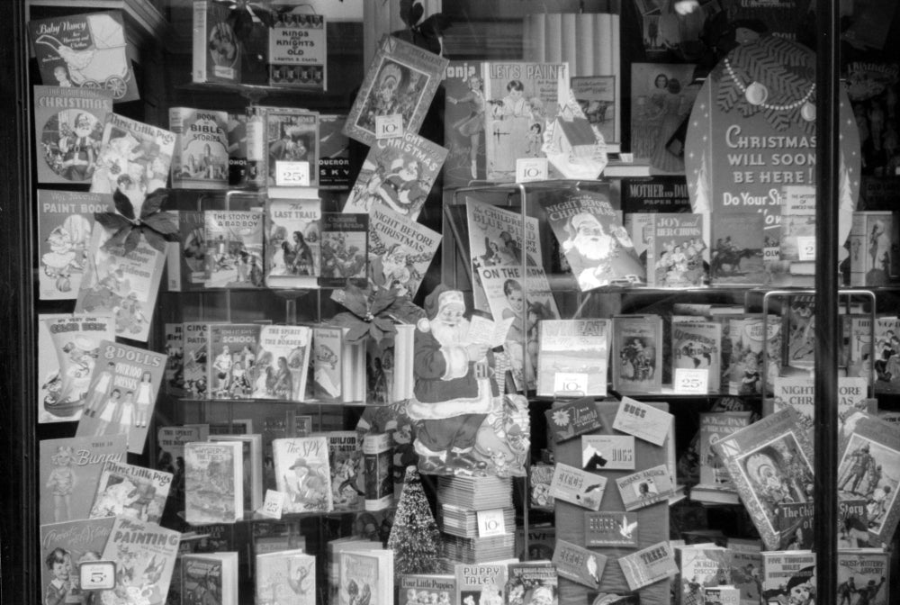 Christmas Window Display, RI, 1940 Poster Print showcasing vintage holiday cheer.