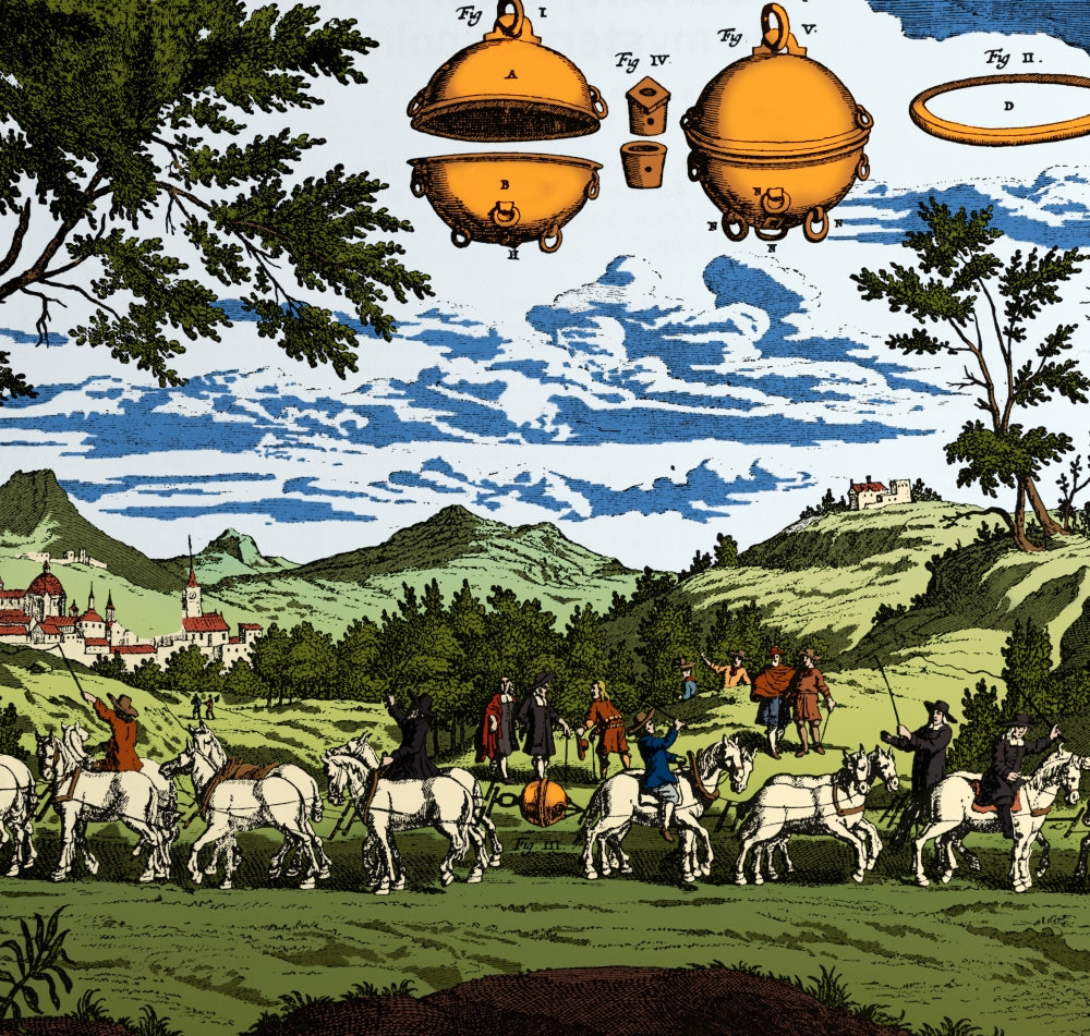 Magdeburg Hemispheres 17th Century Poster Print showcasing historical engineering.