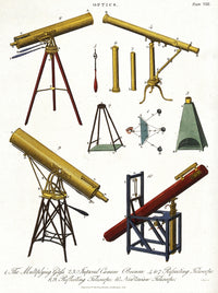 Several Telescopes and Tripods Poster Print showcasing vintage astronomical instruments.