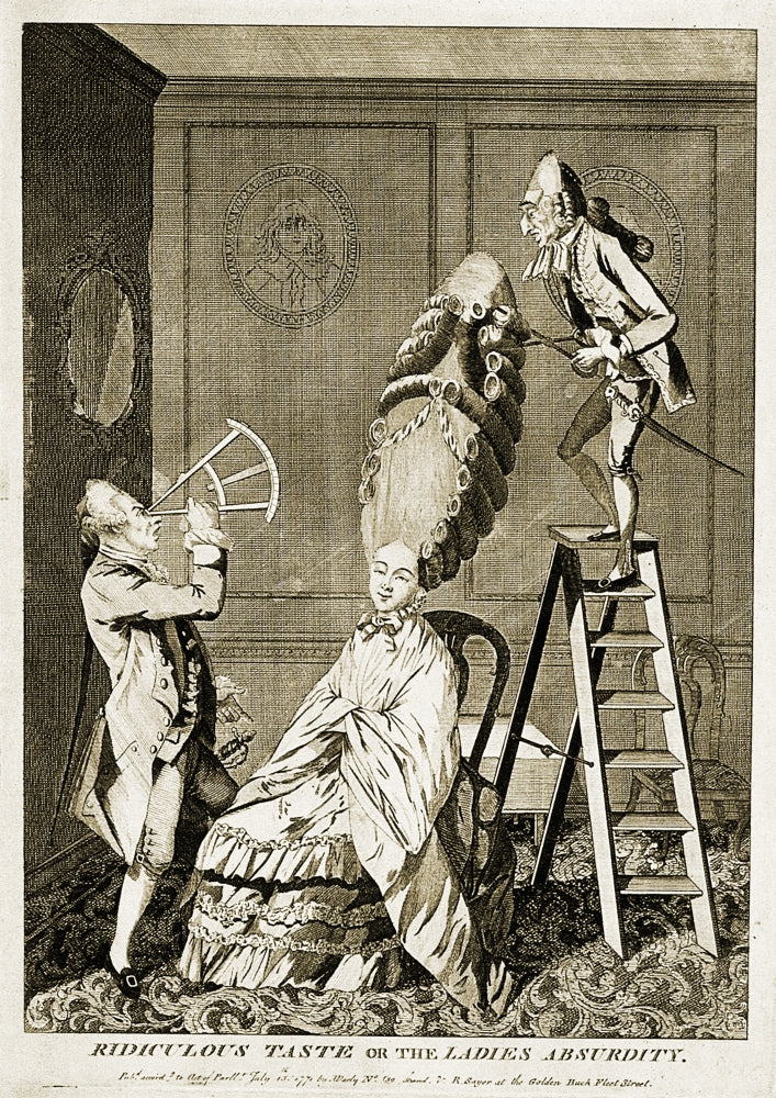 Man Using Sextant on Woman's Coiffure, 1771 Poster Print showcasing a unique historical scene.