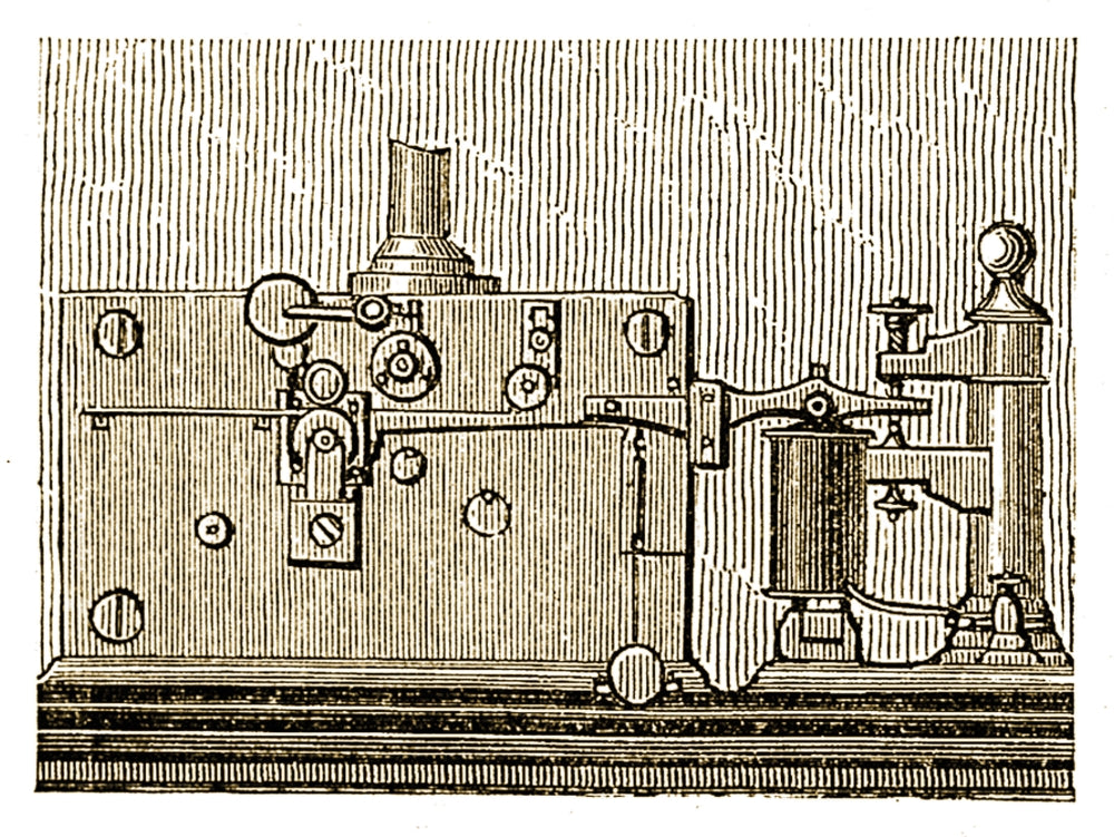 Morse Telegraph Machine Poster Print from 1889 showcasing vintage communication technology.