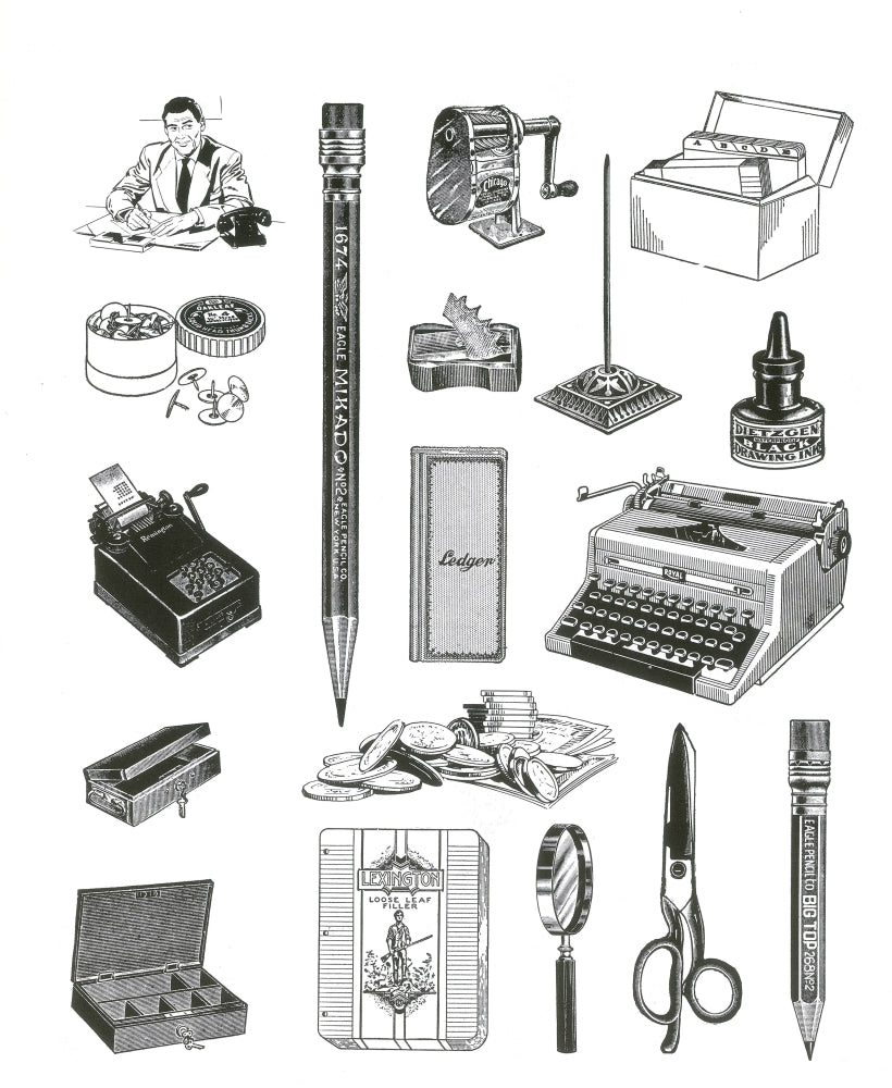 Office Products Poster Print showcasing essential office supplies.
