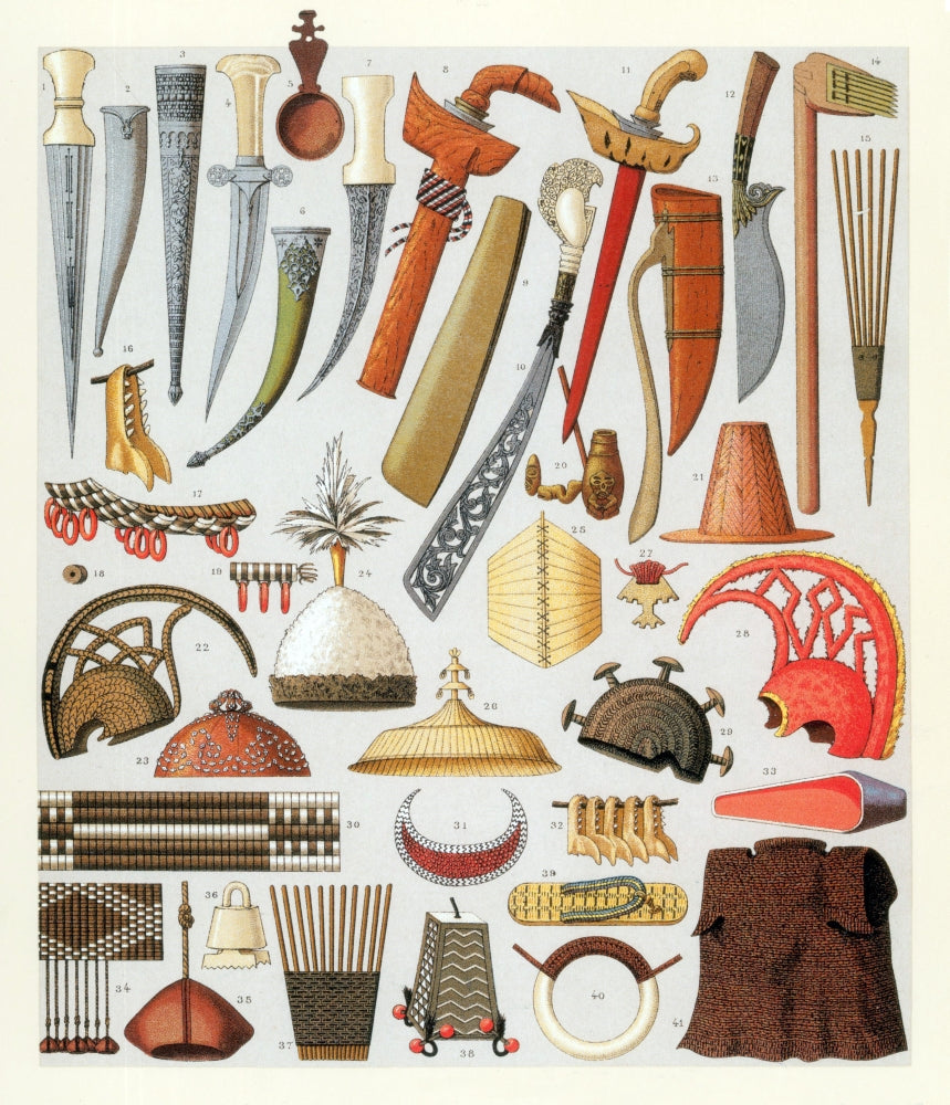 Oceania Islanders Weapons 1880s Poster Print showcasing traditional craftsmanship.