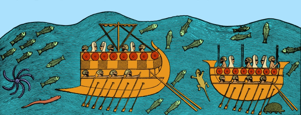 Bireme Sailing Ships 7th Century BC Poster Print showcasing ancient maritime design.