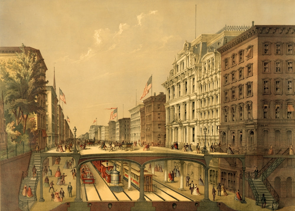 Proposed Arcade Railway, New York, 1868 poster print showcasing vintage railway design.
