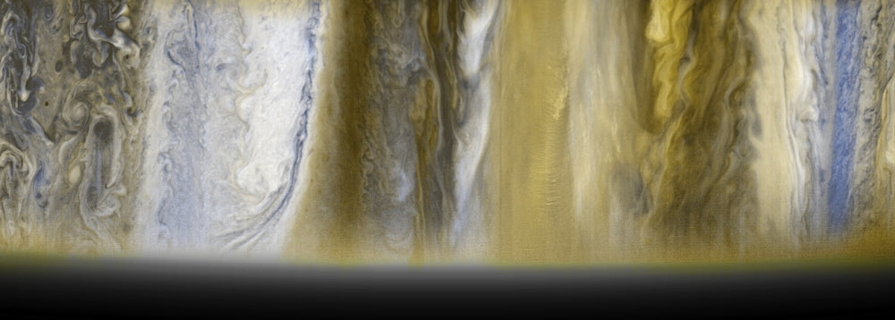 Jupiter's Varied Surface Structures Poster Print showcasing colorful surface features of Jupiter.