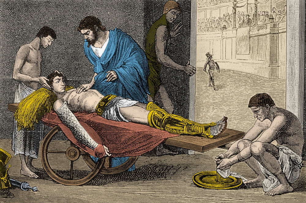 Galen Treating Gladiator art poster print showcasing ancient medical practice.
