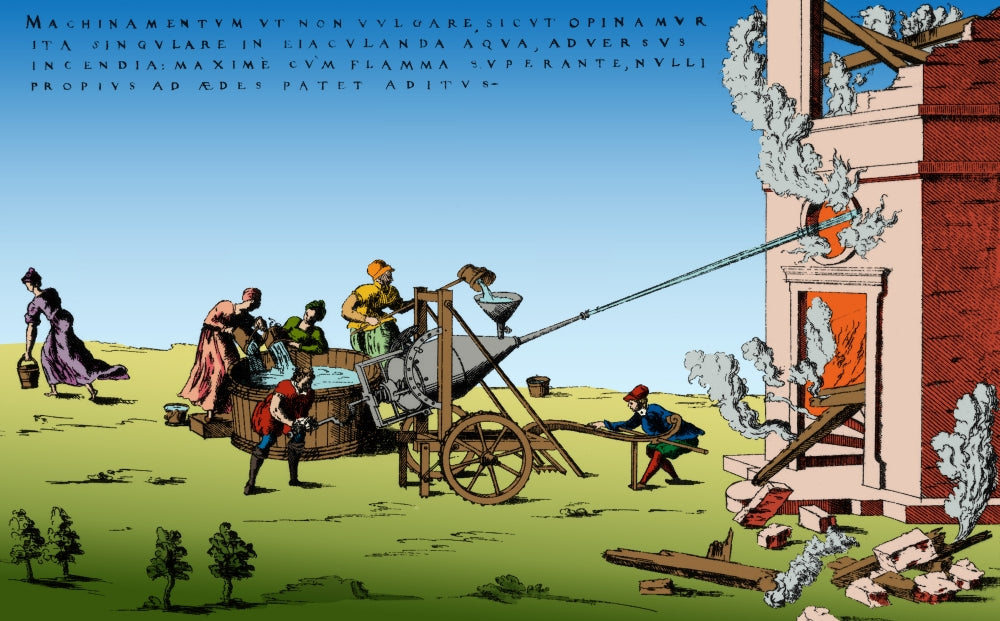 Besson's Fire Engine 1571 Poster Print showcasing historical firefighting technology.