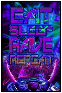 Black Light Eat Sleep Rave Repeat Poster - vibrant wall art for music lovers.