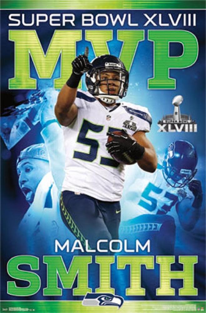 Super Bowl XLVIII MVP Malcolm Smith Poster Print showcasing Malcolm Smith in action.