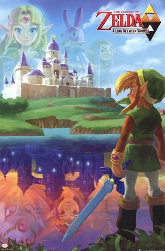 Zelda - A Link Between Worlds Poster Print showcasing vibrant colors and iconic game imagery.