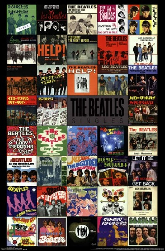 The Beatles Singles Poster Print featuring iconic album covers.