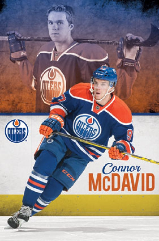 Edmonton Oilers Connor McDavid Poster Print showcasing dynamic hockey action.