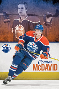 Edmonton Oilers Connor McDavid Poster Print showcasing dynamic hockey action.