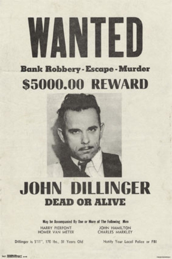 Dillinger Wanted Poster Print - 24x36 Rolled Poster
