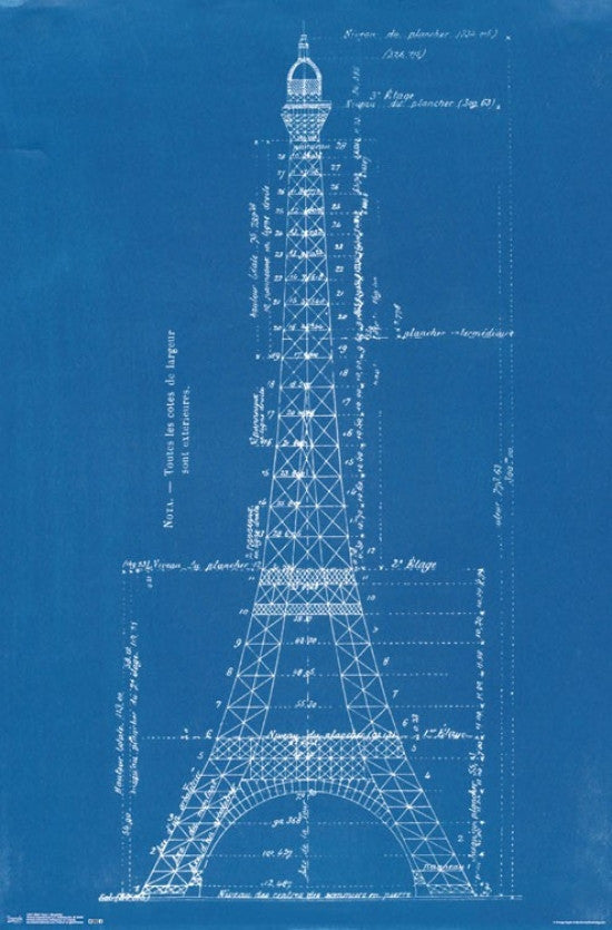 Eiffel Tower Blueprints Poster Print - 22x34 Rolled Poster