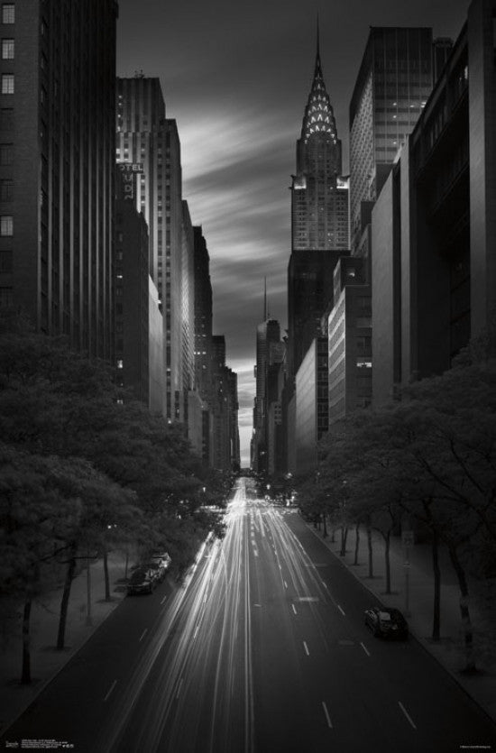 New York 42nd Street Sunset Black and White Poster Print