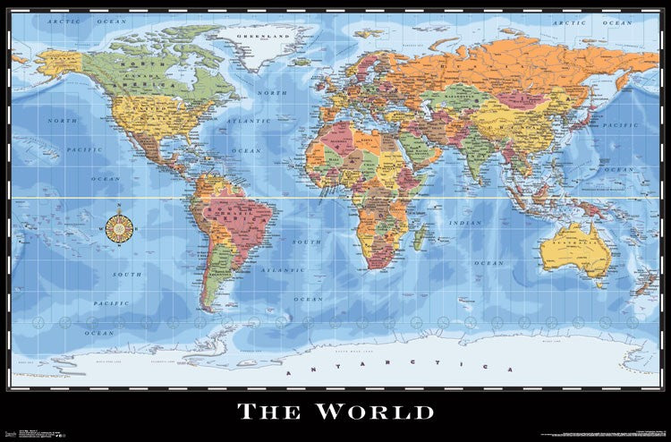World Map Poster Print showing detailed cartography.