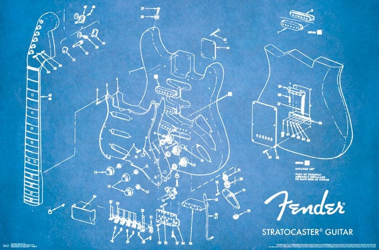Fender Exploded Strat Poster Print showcasing an iconic guitar design.