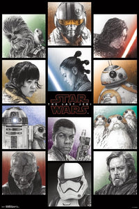 The Last Jedi Grid Poster Print featuring iconic imagery from the Star Wars saga.