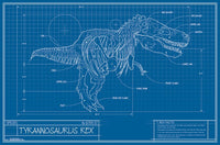 T-Rex Blueprint Illustration Poster Print showcasing detailed dinosaur anatomy