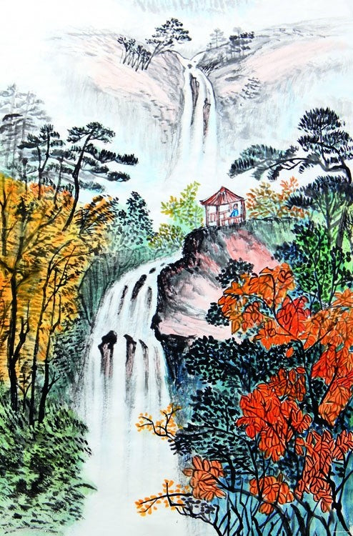 China Landscape with Waterfalls Poster Print showcasing serene natural beauty.