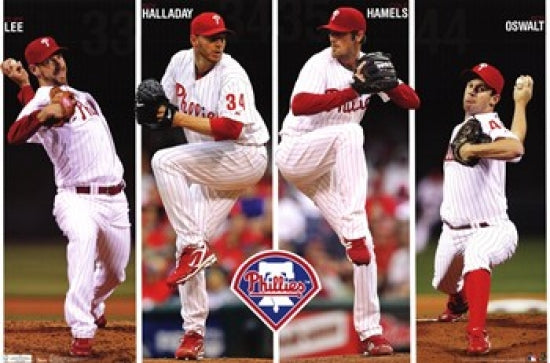 Phillies Pitchers Poster Print showcasing baseball excitement in vibrant colors.