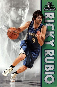 Minnesota Timberwolves Ricky Rubio Poster Print in vibrant colors.