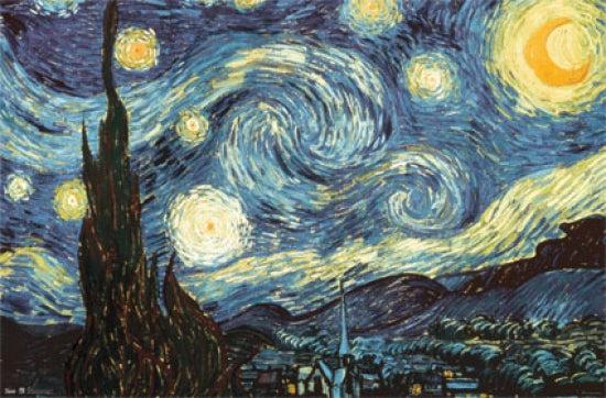 Starry Night Poster Print featuring vibrant colors and swirling night sky.