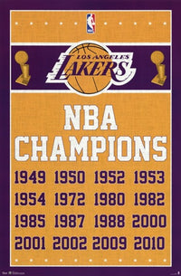 Los Angeles Lakers Champions Poster Print featuring vibrant colors and dynamic design.