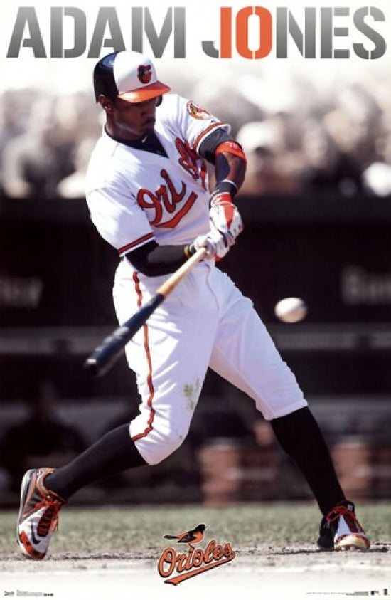 Adam Jones Baltimore Orioles Poster Print showcasing dynamic baseball action.