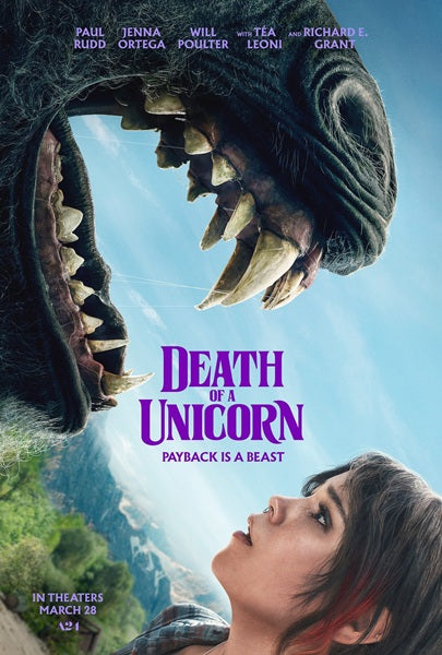Death of a Unicorn Movie Poster Print art featuring a mythical unicorn.