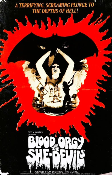 Blood Orgy of the She-Devils Movie Poster Print featuring vibrant colors and bold imagery.