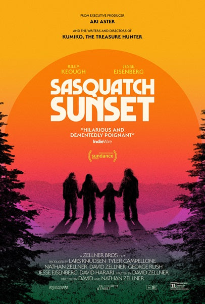 Sasquatch Sunset Movie Poster Print featuring a mythical creature against a colorful sunset.