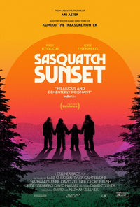 Sasquatch Sunset Movie Poster Print featuring a mythical creature against a colorful sunset.