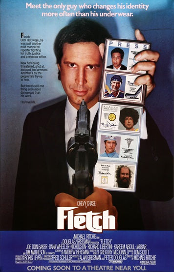 Fletch Movie Poster featuring Chevy Chase in classic comedy film.