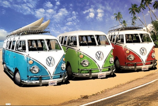 VW California Campers Surfer Beach Poster Print - 34x22