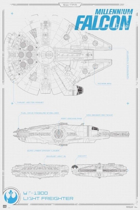 Star Wars Millennium Falcon Blueprint Poster Print - 22x34