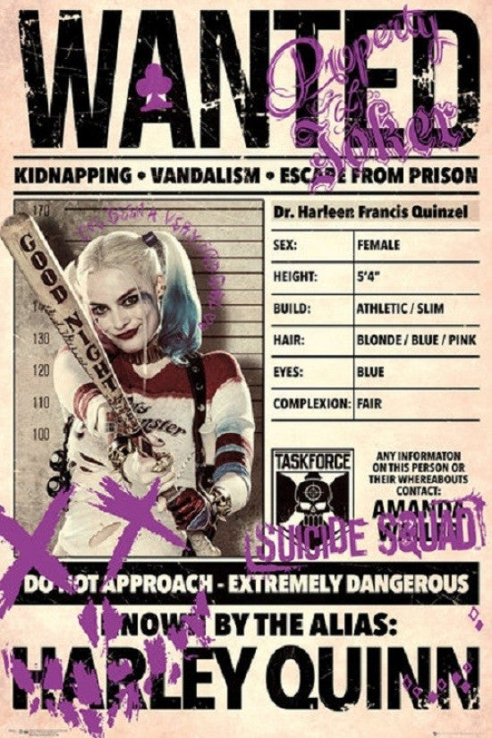 Harley Quinn Wanted Poster Print - 24x36 Rolled Poster