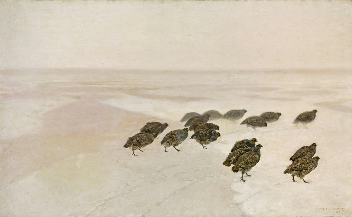 Partridges (1891) art print by Jozef Chelmonski featuring lush greenery and wildlife.