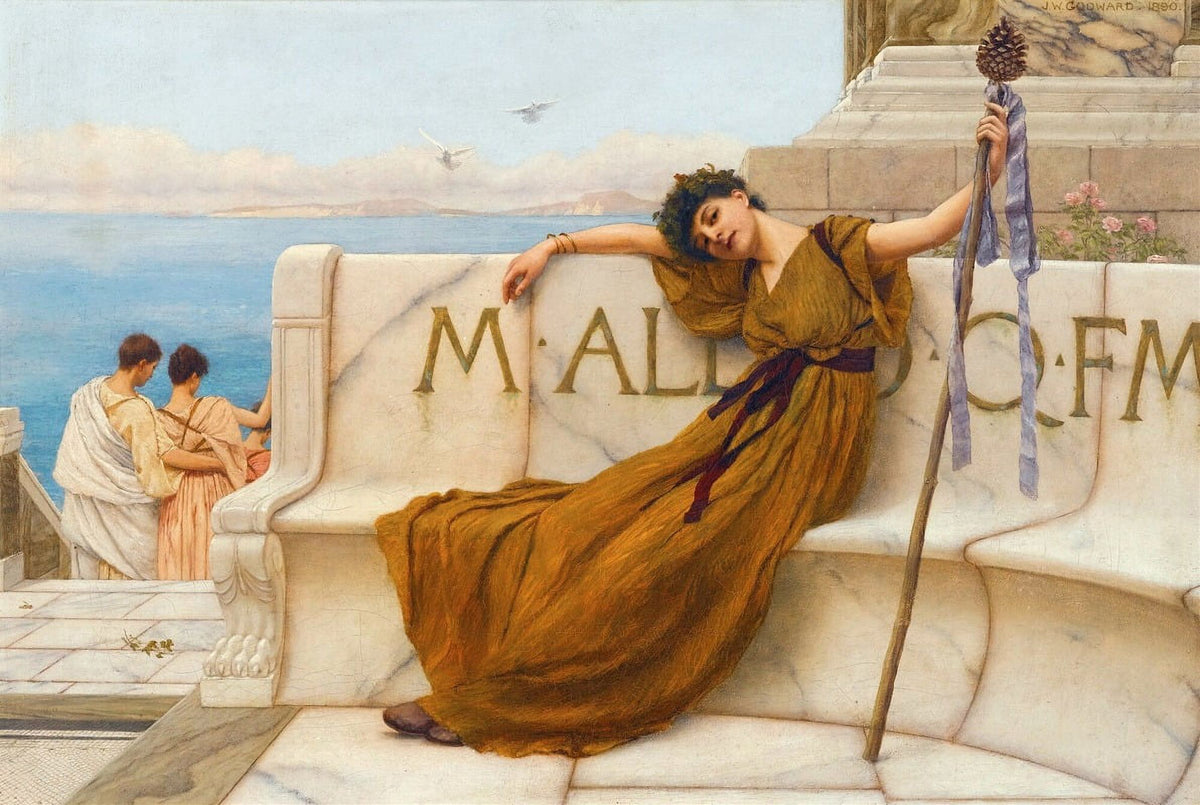 A Priestess of Bacchus art print by John William Godward, depicting classical elegance.